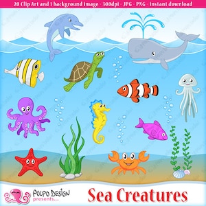 Sea Creatures clipart and 1 background image. Sea creature clipart, sea animal clipart, sea creatures png, seahorse clipart, dolphin clipart image 1