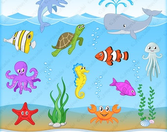 Sea Creatures clipart and 1 background image. Sea creature clipart, sea animal clipart, sea creatures png, seahorse clipart, dolphin clipart