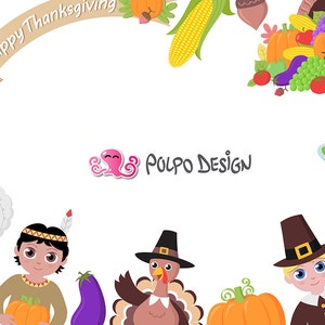 May include: Thanksgiving-themed illustration with cartoon characters, including a pilgrim, Native American, and turkey. Features pumpkins, corn, grapes, and a banner that says "Happy Thanksgiving". The Polpo Design logo is also present.