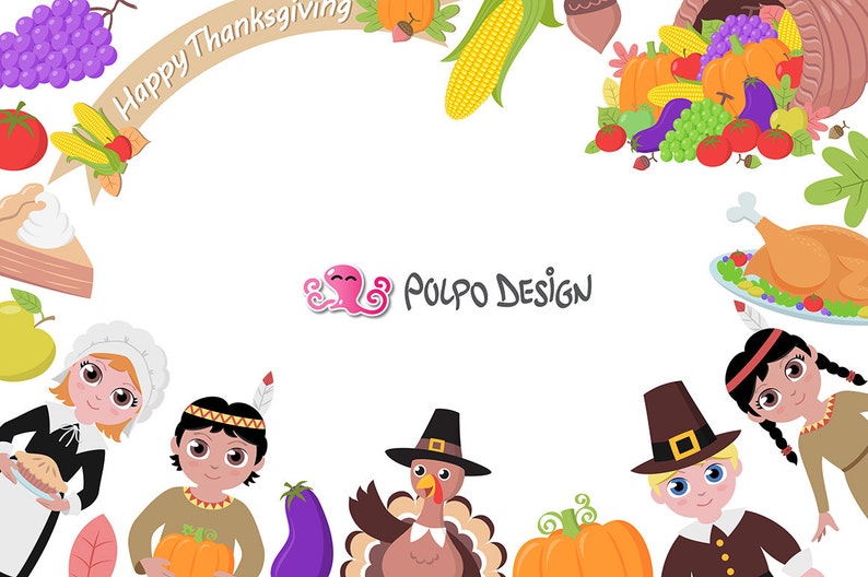 May include: Thanksgiving-themed illustration with cartoon characters, including a pilgrim, Native American, and turkey. Features pumpkins, corn, grapes, and a banner that says "Happy Thanksgiving". The Polpo Design logo is also present.