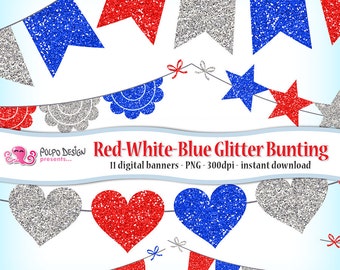Red White and Blue Glitter Bunting Banner Clipart. 4th of July clipart, 4th of July bunting, patriotic glitter banners, 4th of July glitter.