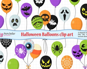 Halloween Balloons clipart. Digital Halloween Balloon clipart. Spooky Halloween clip art. Spiderweb,  skull, eyeball, bat scrapbook clipart.