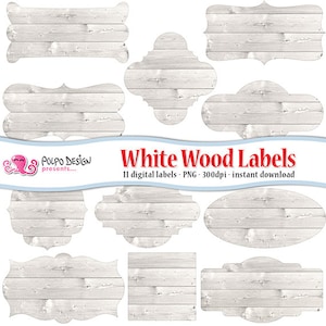 Puede incluir: Once etiquetas digitales con textura de vetas de madera blanca en varias formas, incluyendo diseños rectangulares, ovalados y ornamentados. El texto "White Wood Labels" se muestra en rojo, junto con otros detalles. Diseñado para uso digital.