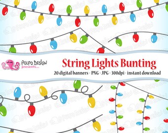 String Lights bunting banners clipart. Digital clip art. Commercial & personal Use. Instant Download. Christmas lights, xmas lights garland.