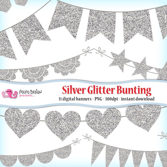 cerebrum Byen Kom forbi for at vide det Silver Glitter Bunting Banner Clipart. Silver Glitter Banner - Etsy