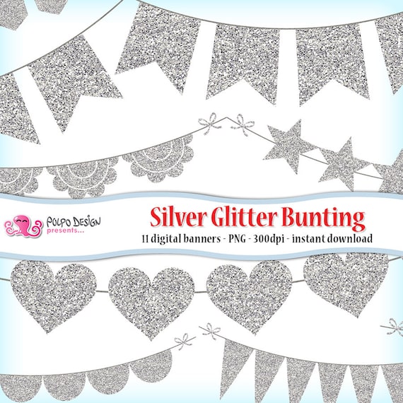 cerebrum Byen Kom forbi for at vide det Silver Glitter Bunting Banner Clipart. Silver Glitter Banner - Etsy