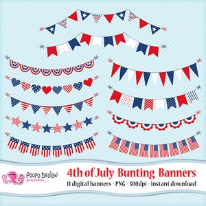 4th of July bunting banners clipart. Digital Patriotic clipart. Commercial & personal Use Instant Download. Stars and stripes Fourth of july