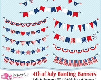 4 luglio bunting banner clipart. Clipart patriottica digitale. Commerciale e personale Utilizzare Instant Download. Stelle e strisce Quarto di luglio