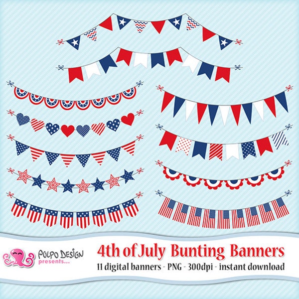 4th of July bunting banners clipart. Digital Patriotic clipart. Commercial & personal Use Instant Download. Stars and stripes Fourth of july