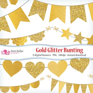 Gold Glitter Bunting Banner Clipart. Digital clip art. Commercial & personal Use. Instant Download. Sparkle flags ribbon garland Gold Foil.