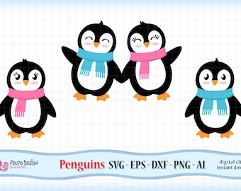 Girl and Boy Penguins. Clip art in SVG, EPS, DXF, Ai and Png. Ideal for cutting machines such as Silhouette Studio Cameo, Cricut, ScanNCut