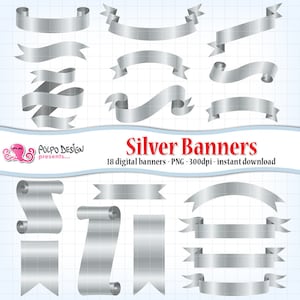 Peut inclure: Ensemble de 18 bannières argentées de formes et de tailles variées. Les bannières sont numériques et peuvent être utilisées à diverses fins, telles que la conception de sites Web, les graphiques de médias sociaux et le scrapbooking.