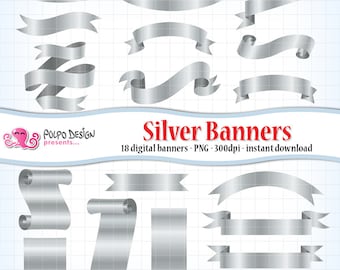 Digital silver banners clip art. Commercial & personal Use. Instant Download. scrapbook clipart banner ribbon ribbons metallic bridal label.