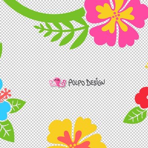 May include: Colorful floral design featuring hibiscus flowers in pink, red, yellow, and blue, with green leaves and stems. The design includes the text "Polpo Design" with a cute octopus logo. The background is transparent.