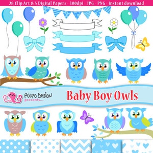 Clipart de hibou - papier numérique, clip art de bébé garçon, douche de bébé, hiboux bleus. Utilisation commerciale et personnelle. Téléchargement instantané. Bundle de bébé de Scrapbook