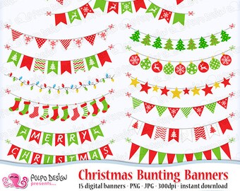 Christmas bunting banners clipart. Digital clip art. Commercial & personal Use. Instant Download. Red green xmas garland banner tree lights