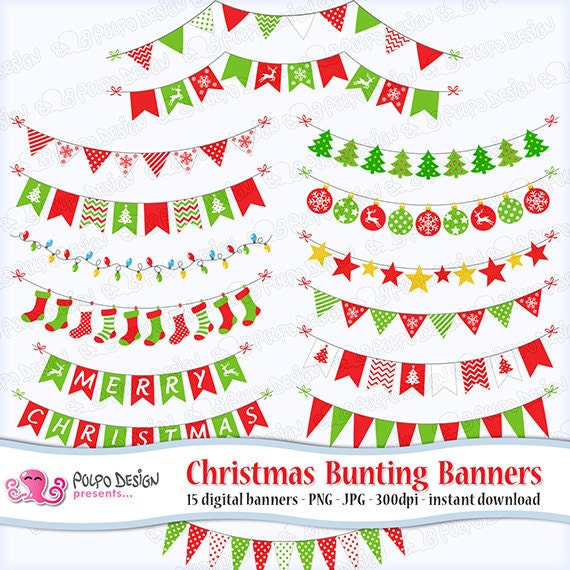 Christmas Bunting Banners Clipart Digital Clip Art Commercial