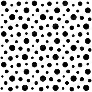 May include: A black and white polka dot pattern with varying sizes of dots.