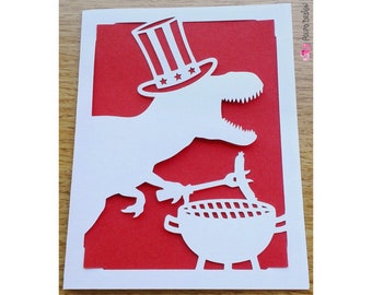 Patriotic T-Rex BBQ Card SVG, Eps, Dxf and Png. Vector files ideal for cutting machines such as Silhouette Studio Cameo, Cricut Joy etc.