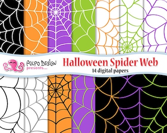 May include: A set of 14 digital papers featuring spiderwebs in various colors, including black, orange, purple, green, and white. The papers are 12 inches by 12 inches and 300 dpi.  The text "Halloween Spider Web" and "14 digital papers" is included in the image.