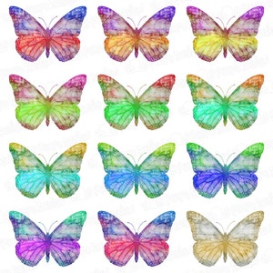May include: Twelve watercolor butterflies in various colors, including red, orange, yellow, green, blue, purple, and gold. Each butterfly has a unique pattern and is rendered in a soft, ethereal style.