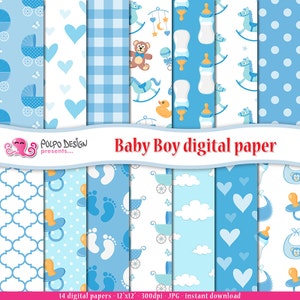 Papier numérique Baby Boy. C’est un modèle de garçon, papier scrapbook nouveau-né, papier sans couture. Bouteille de bébé, landaus, sucette, cheval à bascule, ours en peluche