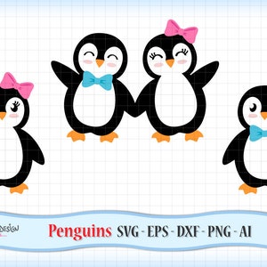 Pingüinos, niña y niño. Imágenes prediseñadas en formato SVG, EPS, DXF, Ai y Png. Ideales para máquinas de corte como Silhouette Studio Cameo, Cricut, ScanNCut