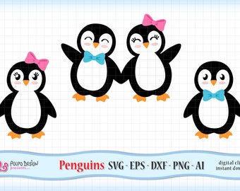 Girl and Boy Penguins. Clip art in SVG, EPS, DXF, Ai and Png. Ideal for cutting machines such as Silhouette Studio Cameo, Cricut, ScanNCut