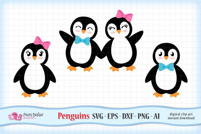 May include: A digital clip art image featuring four cartoon penguins. Two penguins are holding hands, and one has a pink bow. The other penguins have blue bow ties. The image includes the text "Penguins SVG - EPS - DXF - PNG - AI".