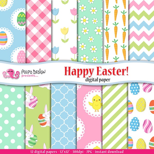Easter digital paper. Scrapbook Backgrounds. Easter bunny, rabbits, chicken, floral spring, quatrefoil, chevron, eggs, seamless patterns.