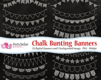 Chalkboard Bunting Banners Cliparts. Digital clip art. Commercial & personal Use. Instant Download. PNG chalk ribbons, banner ribbon garland