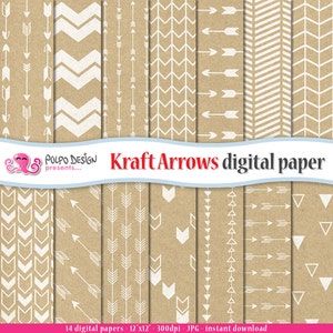 Carta digitale Kraft Arrows. Uso commerciale e personale. Download istantaneo. Modelli di frecce bianche su sfondi di carta kraft marrone. Carta artigianale.