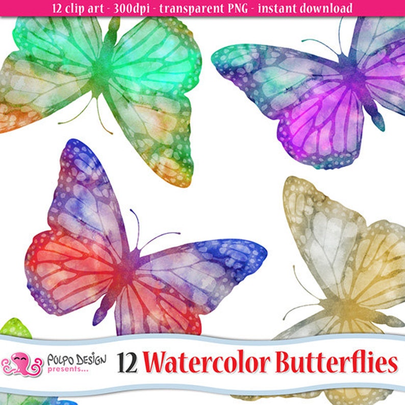 May include: Twelve watercolor butterflies in various colors, including green, purple, red, blue, and yellow. The butterflies are painted in a soft, dreamy style, with a watercolor effect.