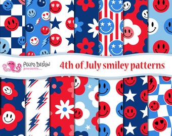 4th Of July Retro Smiley Faces Seamless Pattern. Usa, America, hippy, vintage, retro 70s, checker, checkered, daisy, psych, psychedelic.