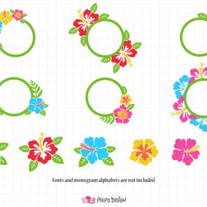 May include: A collection of colorful hibiscus flower designs. The image features various arrangements of the flowers, including circular frames and individual blooms. The flowers are in shades of pink, red, yellow, and blue with green leaves. Text at the bottom reads: "Fonts and monogram alphabets are not included."