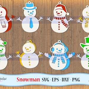 Bonhomme de neige SVG, Eps, Dxf et Png. Support suspendu idéal pour les machines de découpe telles que Silhouette Studio Cameo, Cricut, ScanNCut. Clipart de Noël