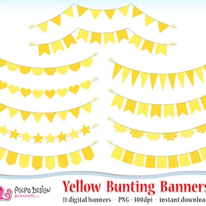 Yellow Bunting Banners Clipart. Digital clip art. Commercial & personal Use.Instant Download. PNG ribbons banner garland baby shower neutral