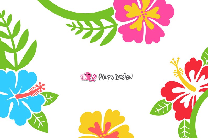 May include: A white background with colorful floral illustrations. The image features hibiscus flowers in pink, red, yellow, and blue, with green leaves and stems. The text "Polpo Design" is also present.