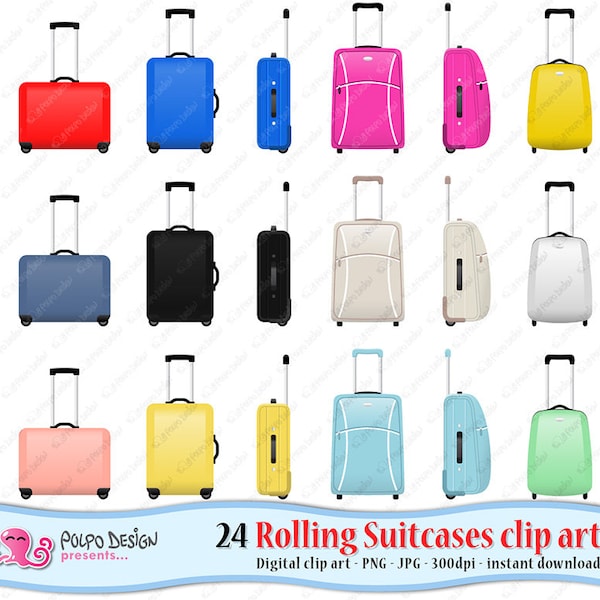 Rolling Suitcase clipart. Digital Rolling Luggage clipart, Suitcase clip art rolling luggage clip art travel bag wheeled bag luggage clipart
