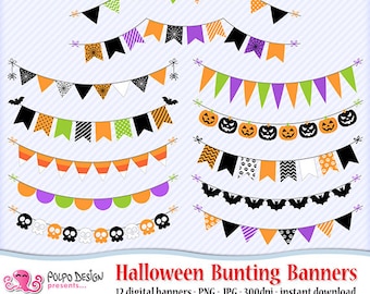 Halloween bunting banners clipart. Digital clip art. Commercial & personal Use. Instant Download. Garland banner bat spiderweb pumpkin skull