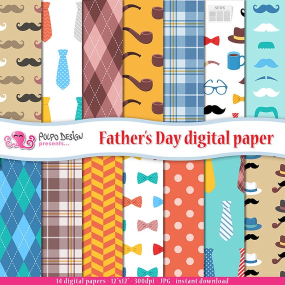Father's Day digital paper. Happy Fathers Day patterns, Dad backgrounds, seamless paper. Daddy, necktie, bow tie, argyle pipe hat eyeglasses Il_570xn