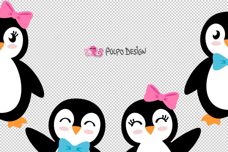 May include: A collection of cartoon penguins with black and white bodies, orange feet, and smiling faces. Some penguins wear pink bows, while others have blue bow ties. The image includes the text "POLPO DESIGN".