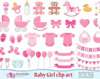 Babymeisje clipart. Het is een meisje clipart plakboek babymeisje illustraties, babyshower clipart, babyshower illustraties, pasgeboren roze digitale clipart