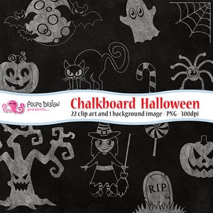 Chalkboard Halloween clipart. Commercial & personal Use. Instant Download. Chalk digital clip art witch cat pumpkin spooky tree ghost grave.