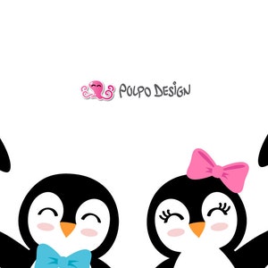 May include: A cartoon illustration featuring several penguins with black and white bodies, orange feet, and smiling faces. Some penguins wear pink bows, while others have blue bow ties. The image includes the text "Polpo Design".