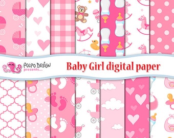 Baby Girl digital paper. Its a girl patterns, newborn scrapbook paper, seamless paper. Baby bottle, prams, pacifier rocking horse teddy bear