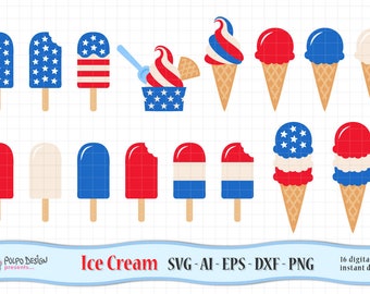 4th of July Ice Cream SVG, Eps, Dxf, Ai and Png. Vector files ideal for cutting machines such as Silhouette Studio Cameo, Cricut, ScanNCut