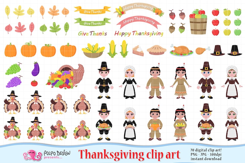 May include: Thanksgiving-themed clip art featuring pumpkins, turkeys, pilgrims, Native Americans, and autumn leaves. Includes banners with "Give Thanks" and "Happy Thanksgiving" text, plus a cornucopia overflowing with produce.