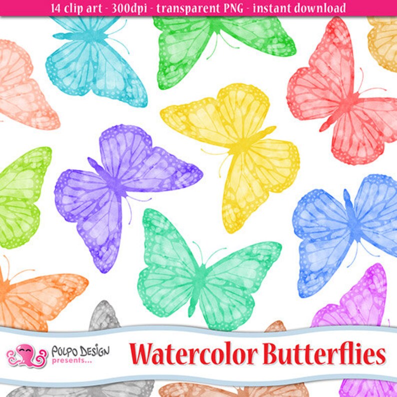 May include: A set of 14 watercolor butterfly illustrations in various colors, including pink, blue, green, yellow, and purple. The butterflies are all in a similar style, with delicate wings and a whimsical feel.  The illustrations are perfect for adding a touch of nature to any project.