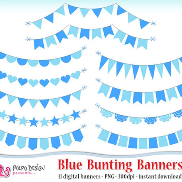 Blue Bunting Banners Clipart. Digital clip art. Commercial & personal Use. Instant Download. PNG ribbon, banner garland baby shower baby boy